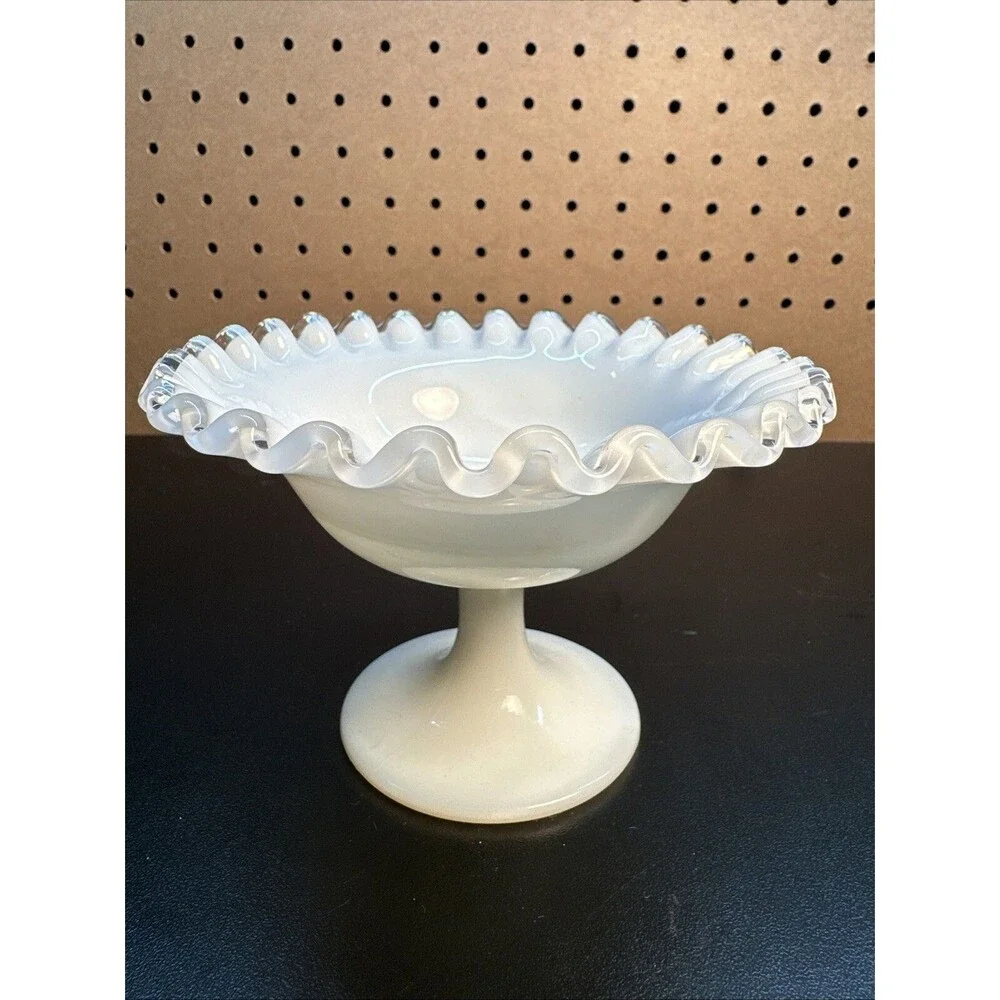 Vintage Fenton Silver Crest Footed Nut Dish Clear Crimped Rim 3.75” Tall